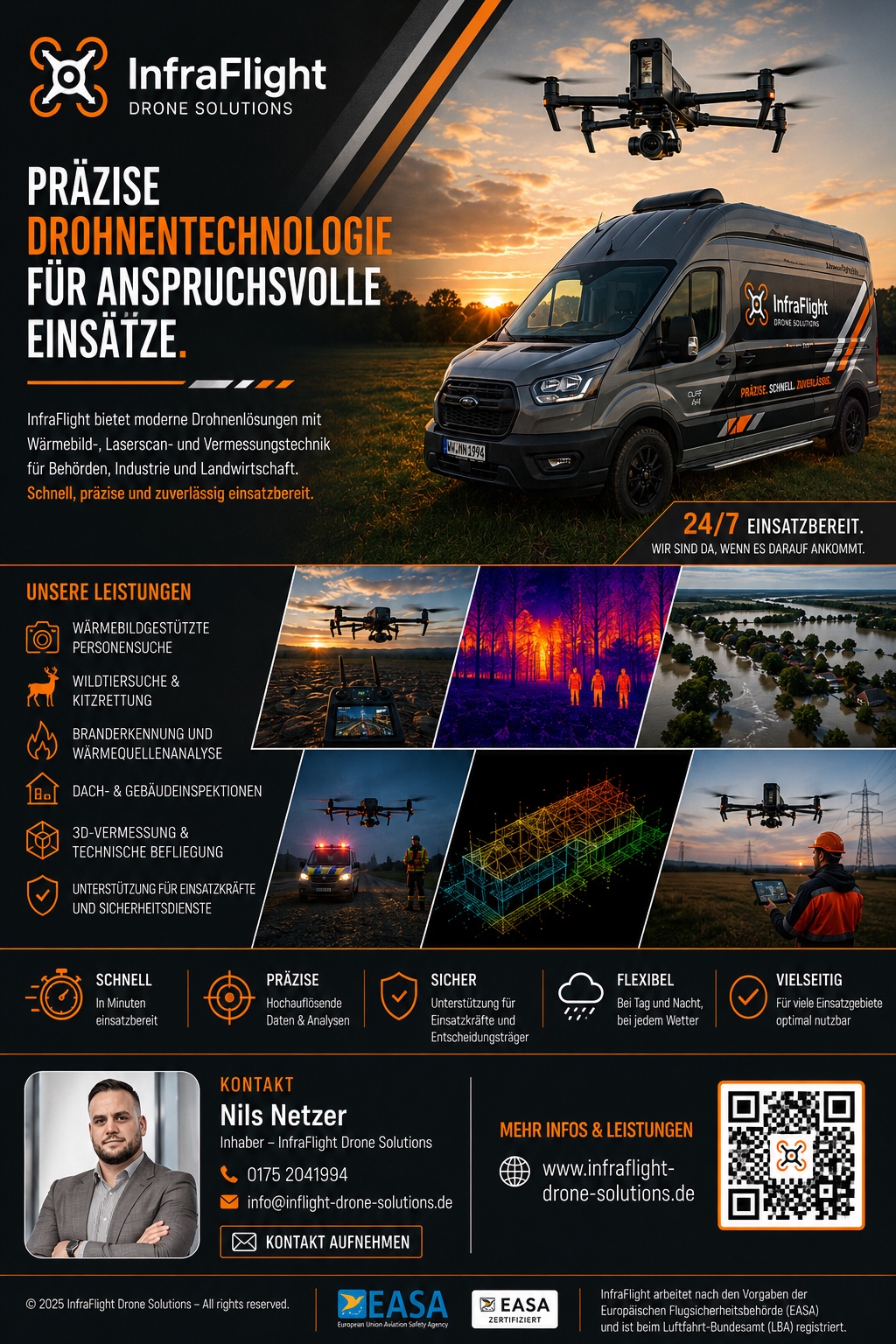 InfraFlight Flyer mit Leistungsübersicht und Kontaktinformationen